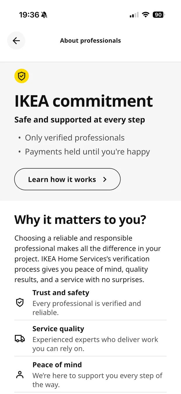 A screen explaining IKEA's quality commitment behind every professional on the platform