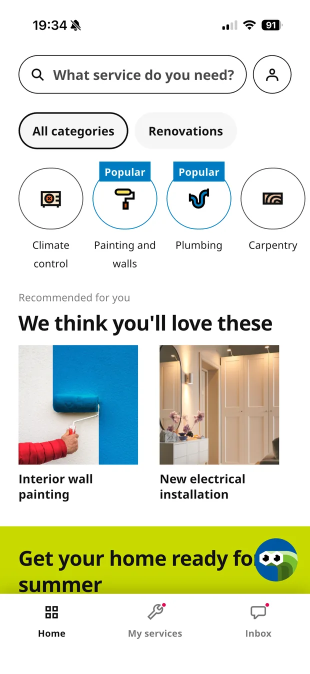 IKEA Home Services app home screen