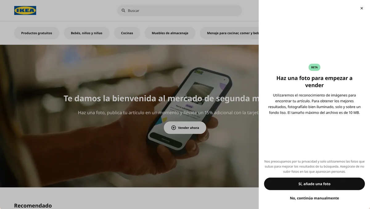 Sell item modal — the first step of creating a listing, where the seller selects the item from the IKEA catalogue