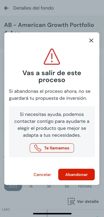 Exit modal — a destructive-action warning that intercepts abandonment with an assisted help offer