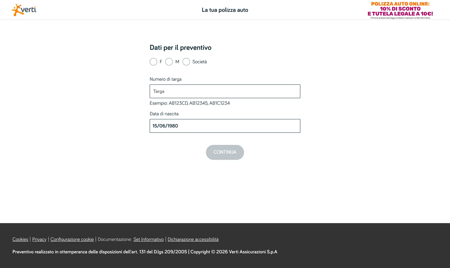 Verti self-service insurance funnel — policy data entry form
