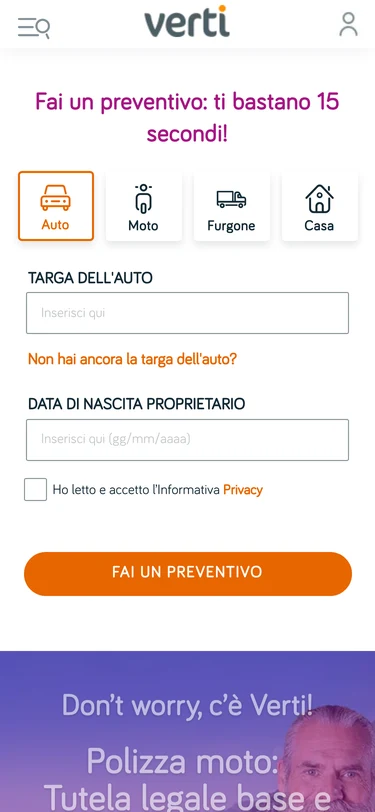 Verti mobile — insurance quote entry