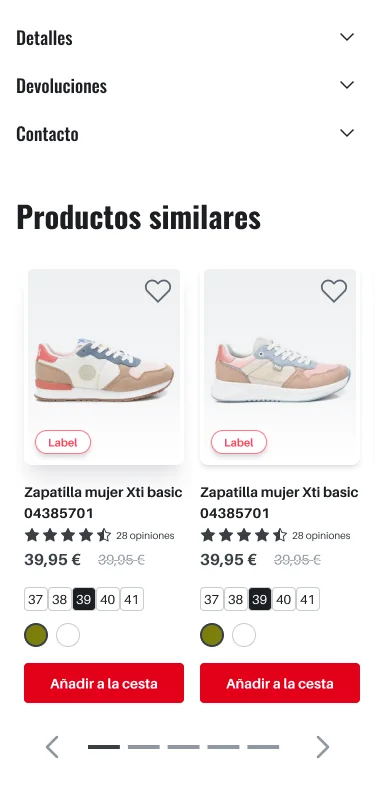 Product detail — mid scroll: size selector, colour options, and accordions
